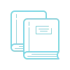 Two simplified, outlined books in light blue, stacked slightly askew.