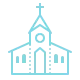 Icon of a church with a steeple and a cross on top, depicted in light blue.