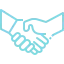 Icon of two hands shaking, outlined in blue, symbolizing partnership or agreement.