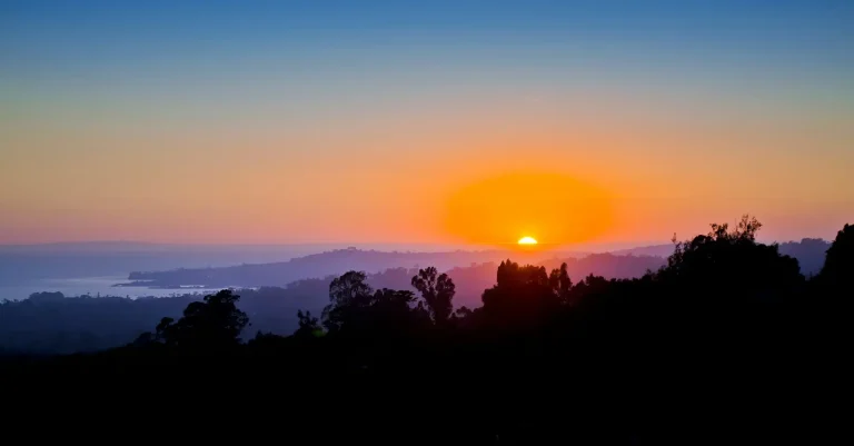 Sunset over a landscape with silhouetted trees and distant hills, displaying a gradient sky from orange to blue.
